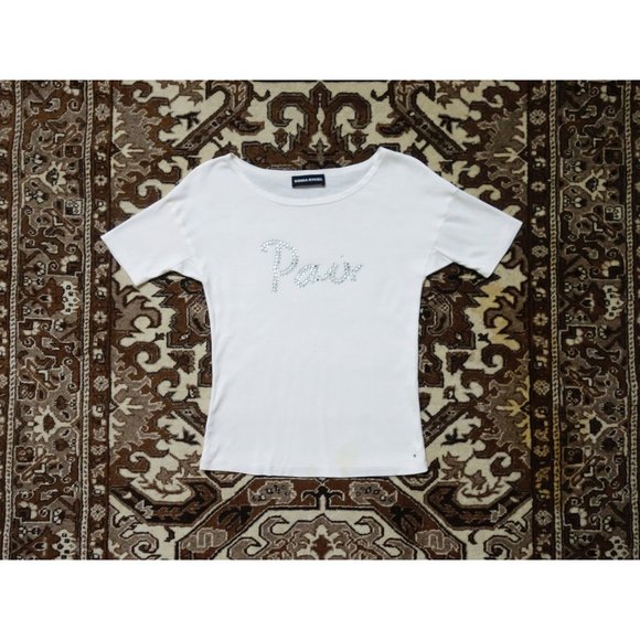 Vtg Y2K 00s Sonia Rykiel Ivory Jeweled Paix Short Sleeve Tee Shirt est Small M - Picture 3 of 5